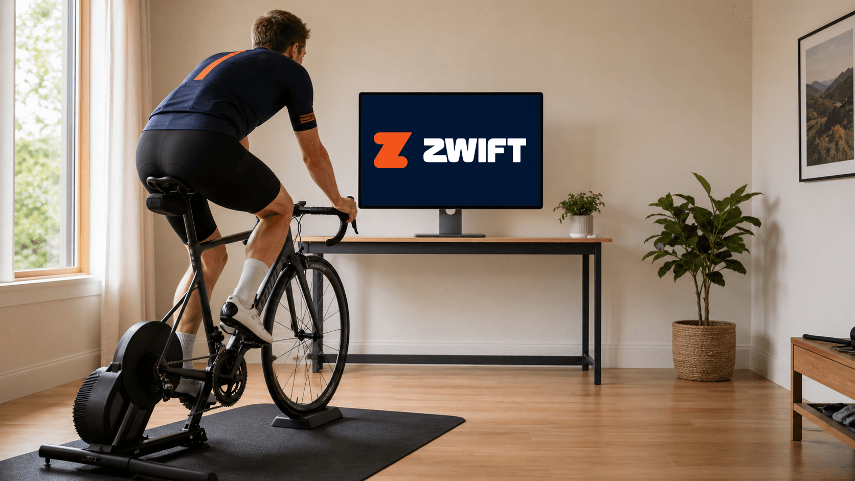 Indoor cyclist riding a smart trainer at home with the Zwift logo centered on the monitor