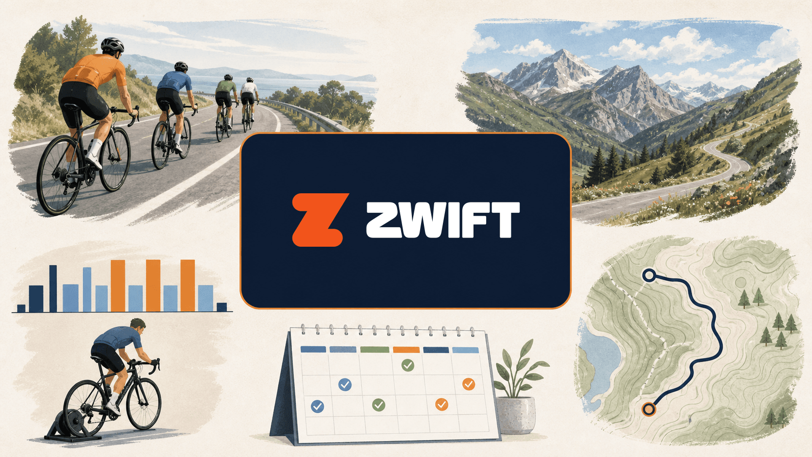 Zwift logo centered among illustrations of group riding, mountain routes, structured workouts, training plans and GPX routes