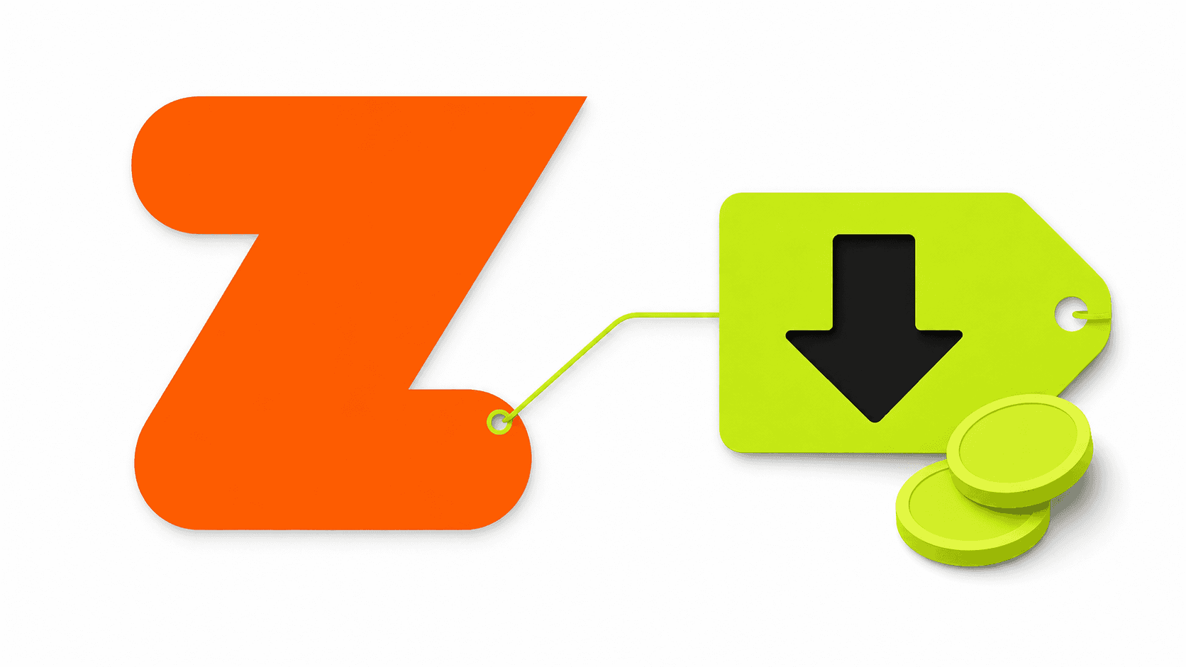 Large orange Zwift Z mark on a white background linked to a lime price tag with a downward arrow and two coins