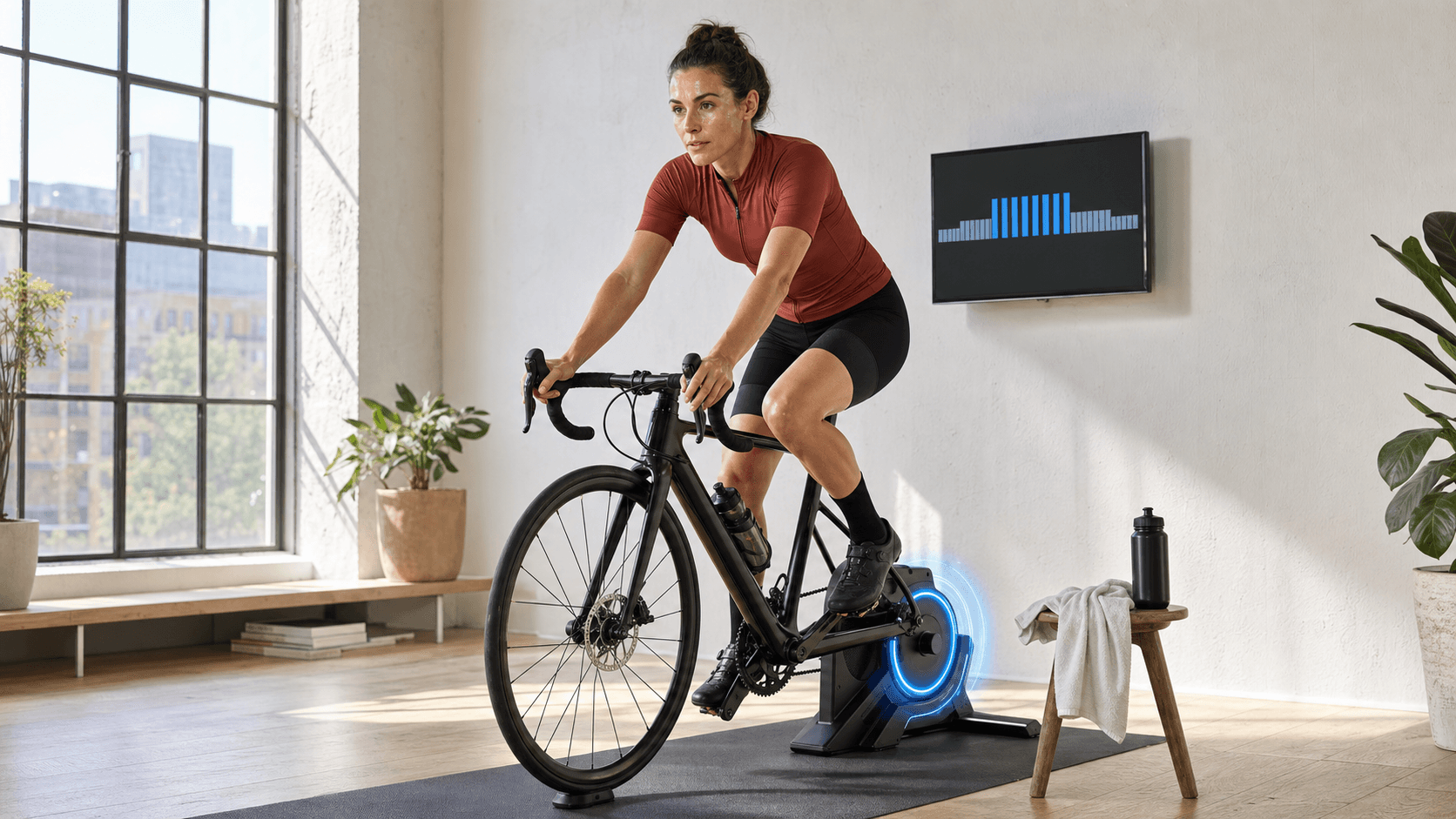 Indoor cyclist holding a steady ERG workout on a smart trainer beside a laptop