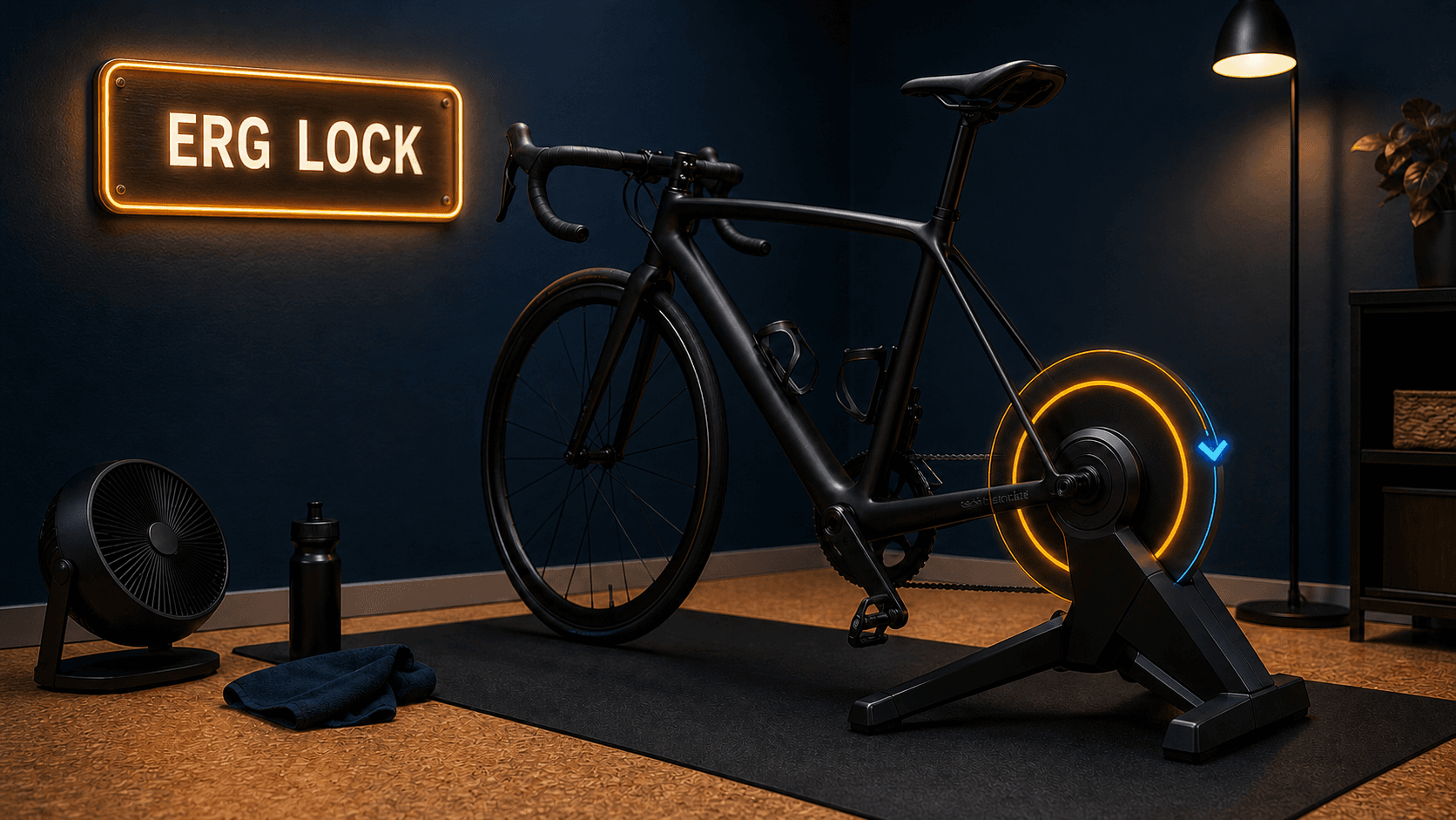 Black road bike on a smart trainer with an illuminated ERG LOCK sign and resistance reset indicator