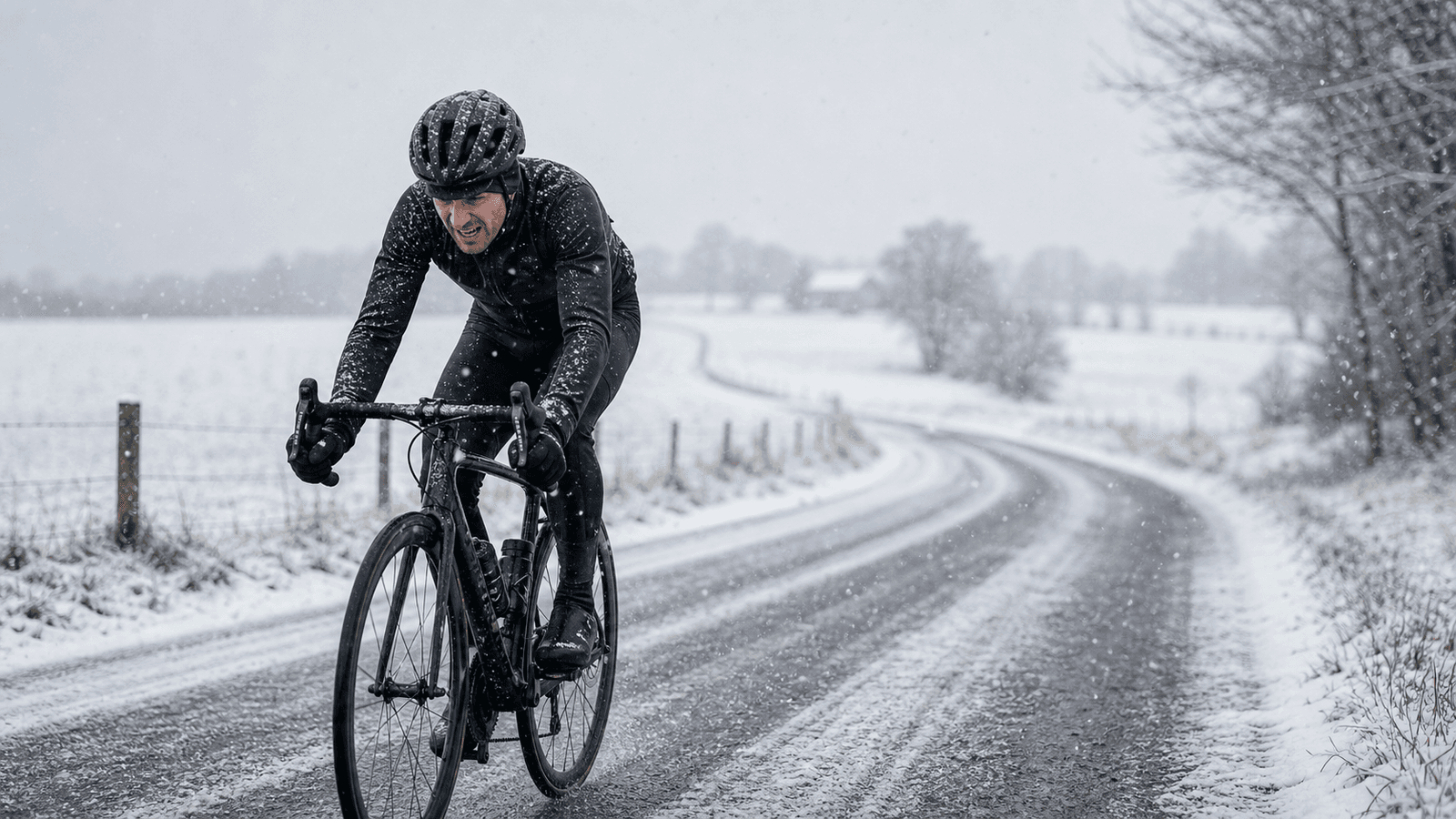 Road cyclist pedaling through snow on a winter road