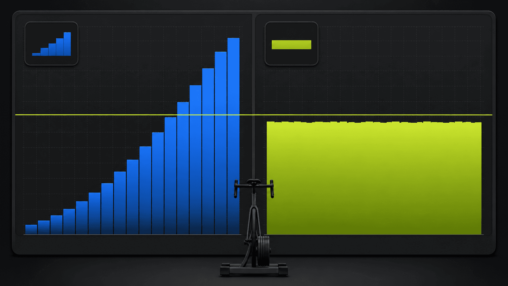 Dark comparison graphic showing rising blue bars for a ramp test beside a long steady lime block for a 20-minute FTP test