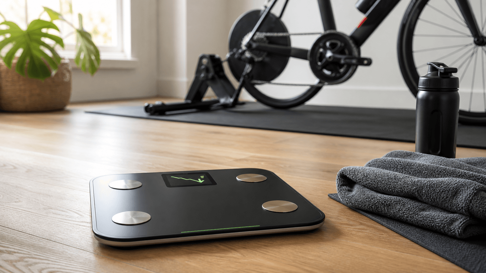 Digital bathroom scale with a downward trend display in front of an indoor trainer