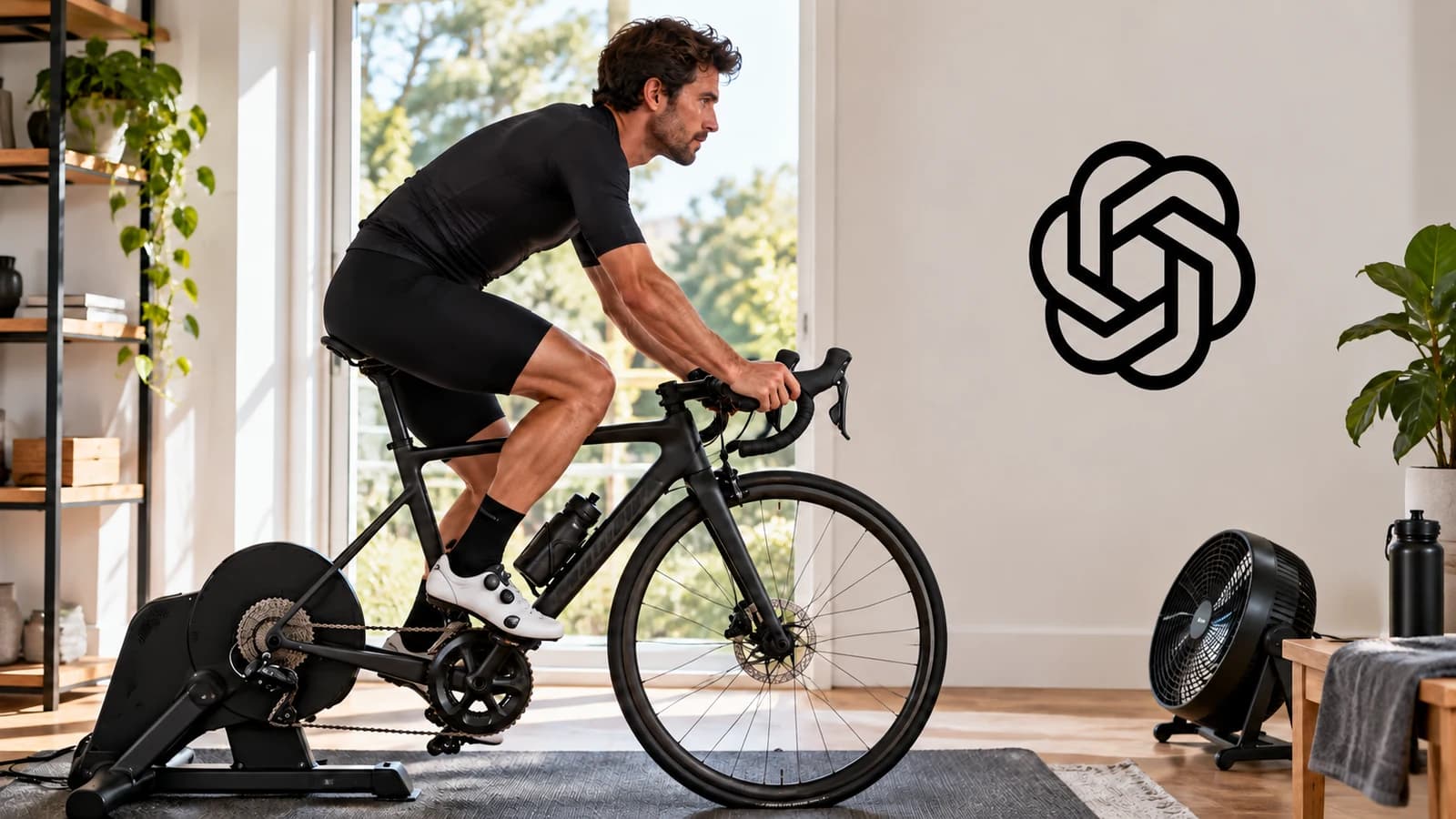 Indoor cyclist on a direct-drive trainer facing the black ChatGPT logo directly against the room wall