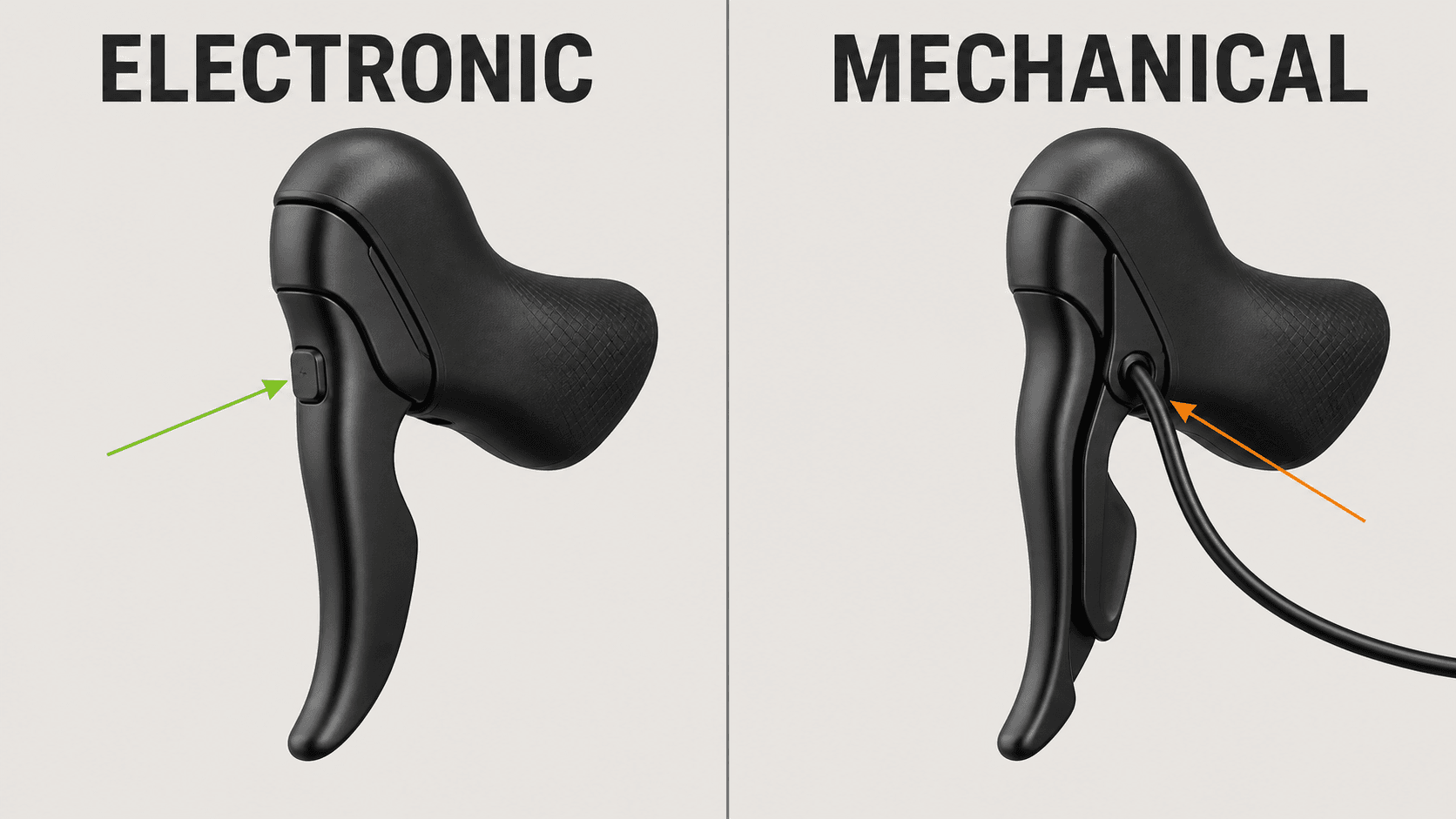 Two drop-bar bike cockpits showing a clean electronic setup and a mechanical cable setup