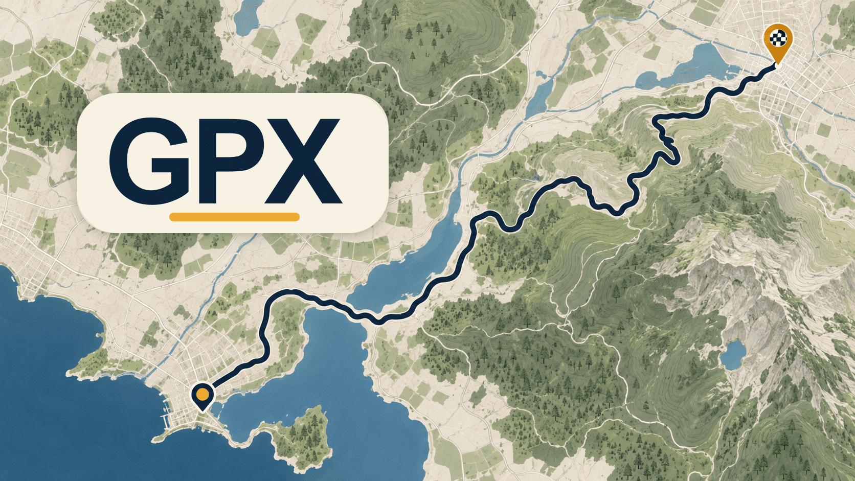 Illustrated route map with a winding cycling route and large GPX lettering