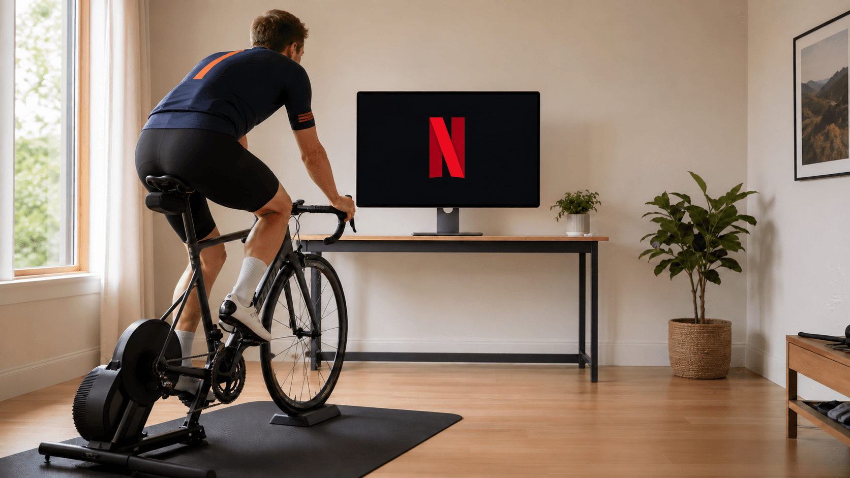 Cyclist riding indoors with Netflix displayed on the monitor