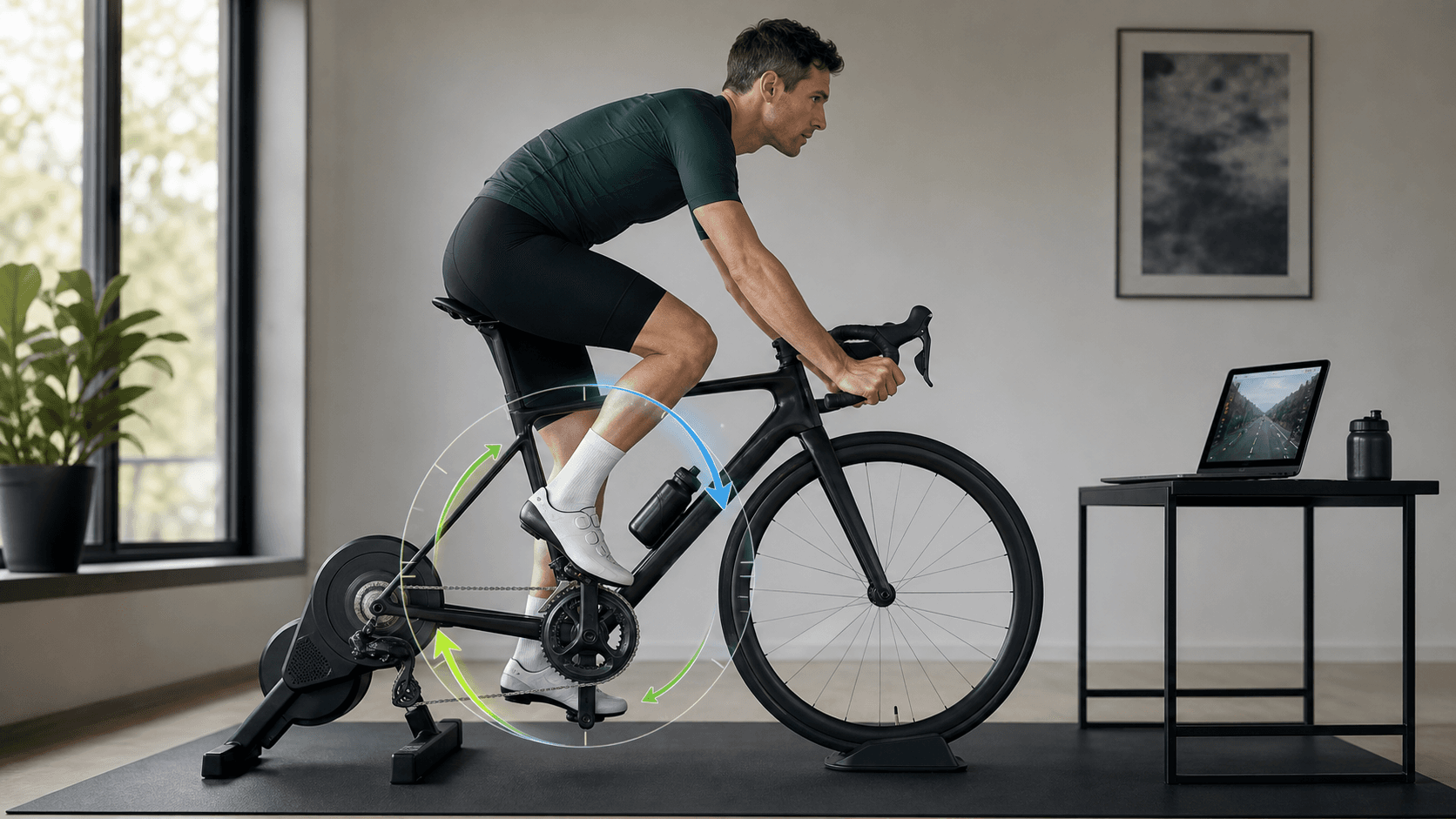 Indoor cyclist on a smart trainer with pedal stroke arrows around the crank