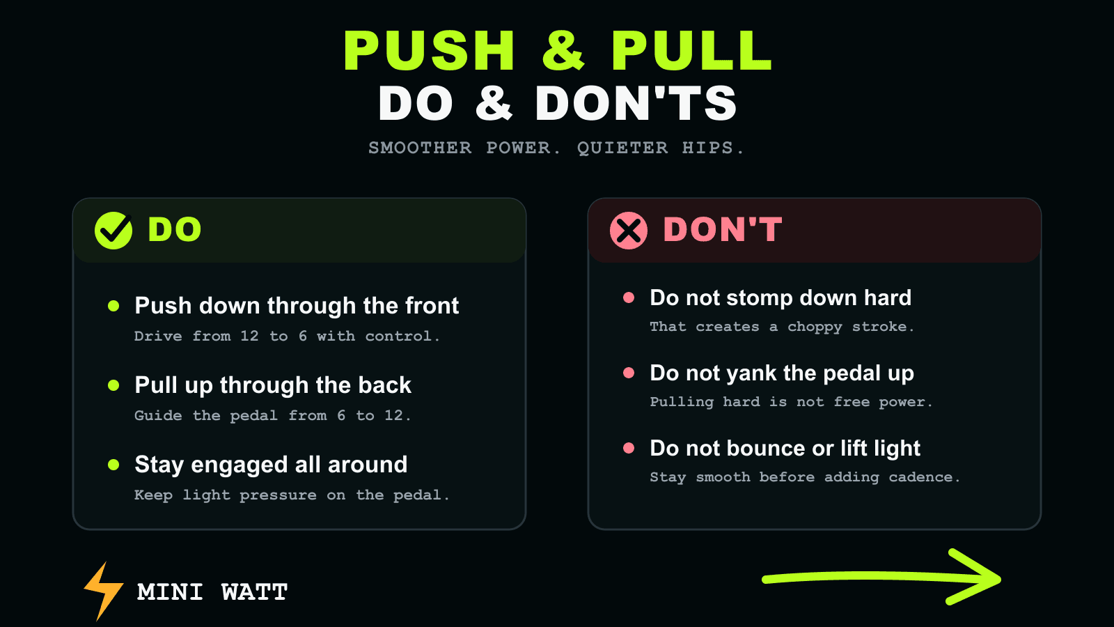 Push and pull pedaling do and don'ts infographic for smoother indoor cycling
