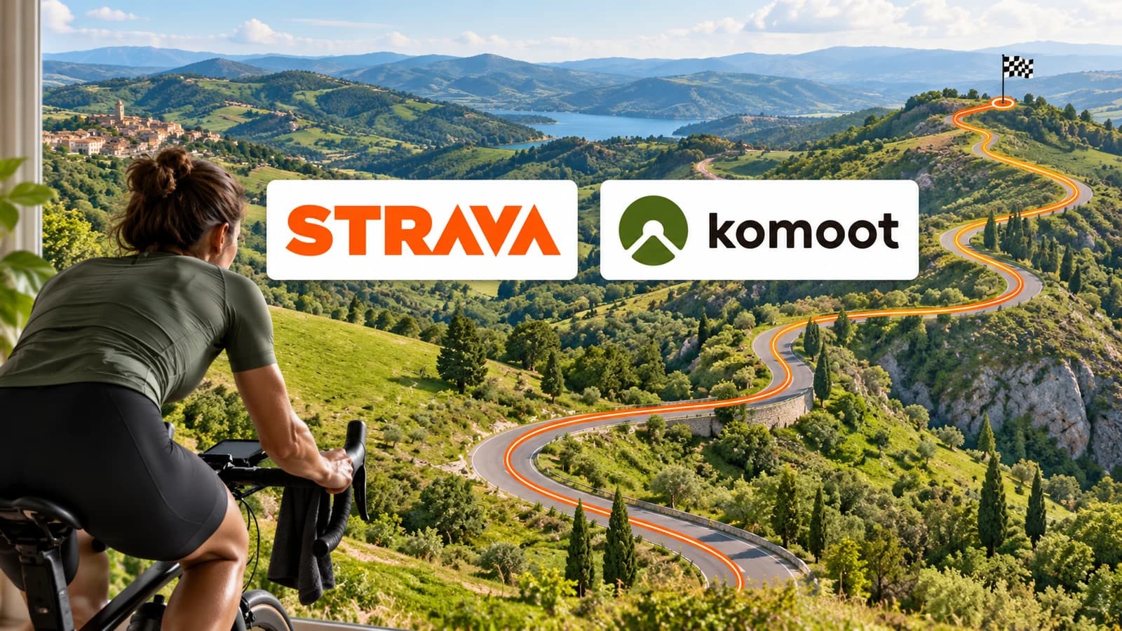 Strava and komoot logos above a cycling route through green hills with a finish flag