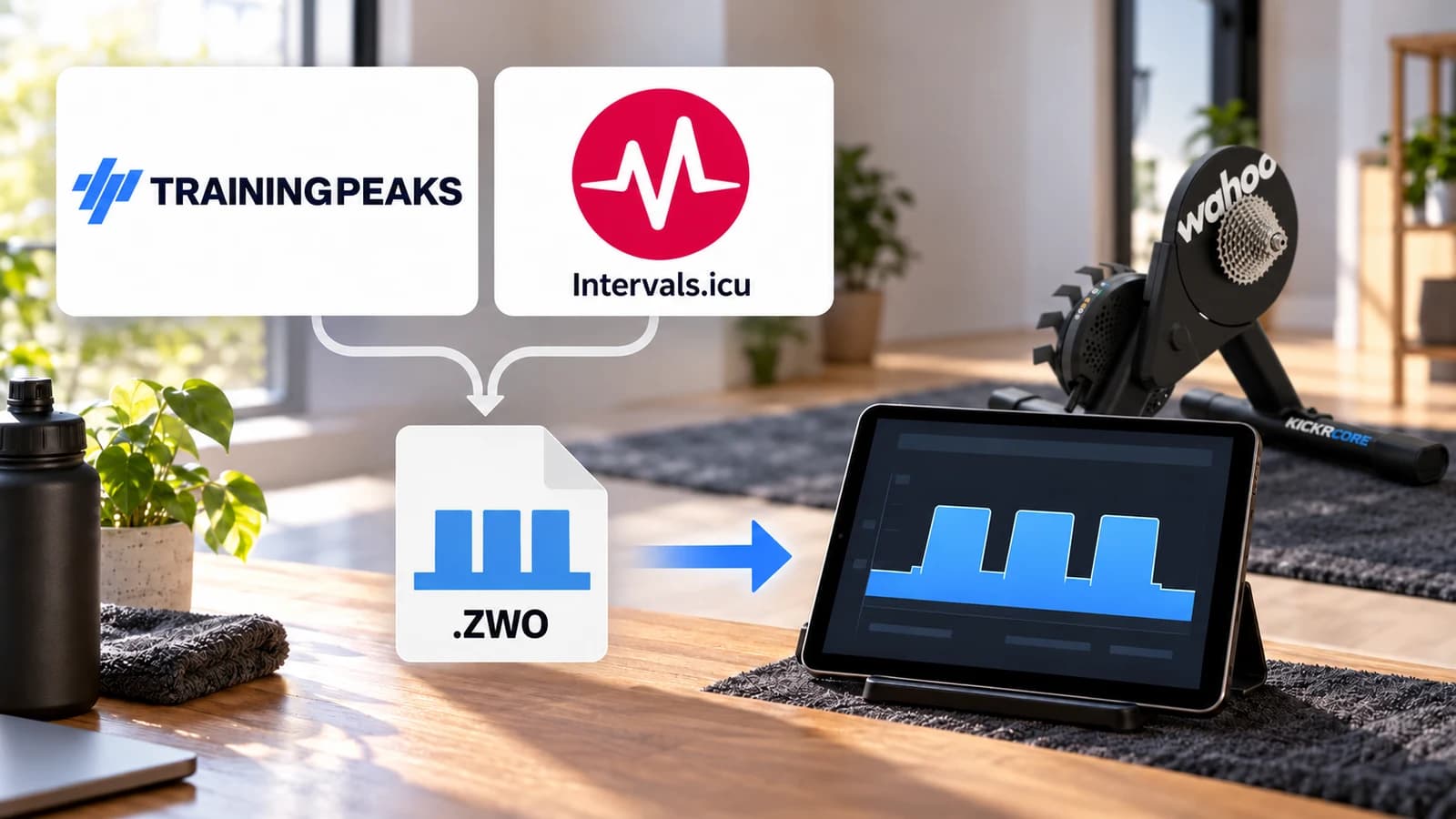 TrainingPeaks and Intervals.icu logos with a ZWO workout transferring to an indoor cycling app beside a standalone Wahoo KICKR CORE 2
