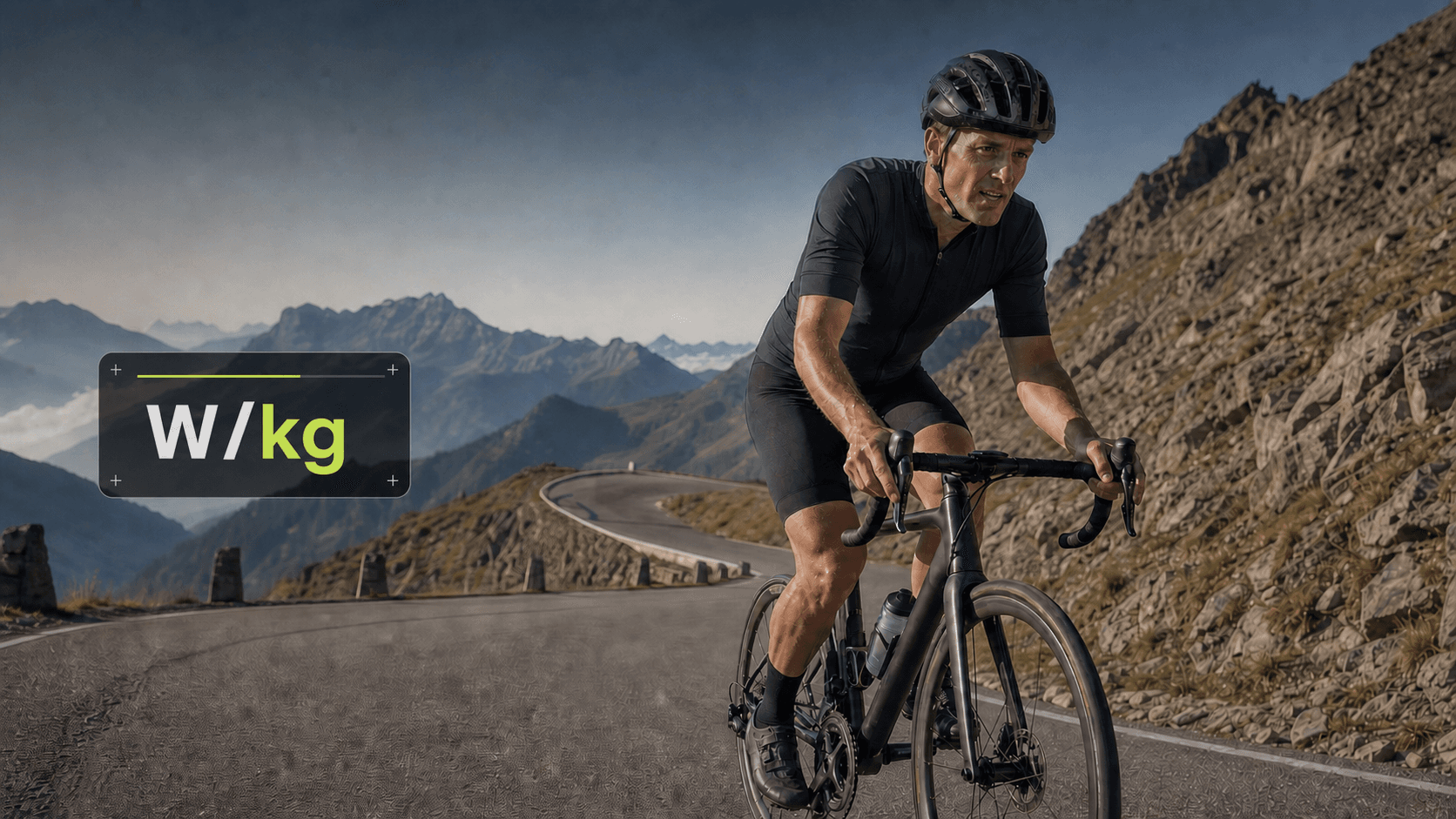 Male road cyclist climbing a mountain beside a W/kg label
