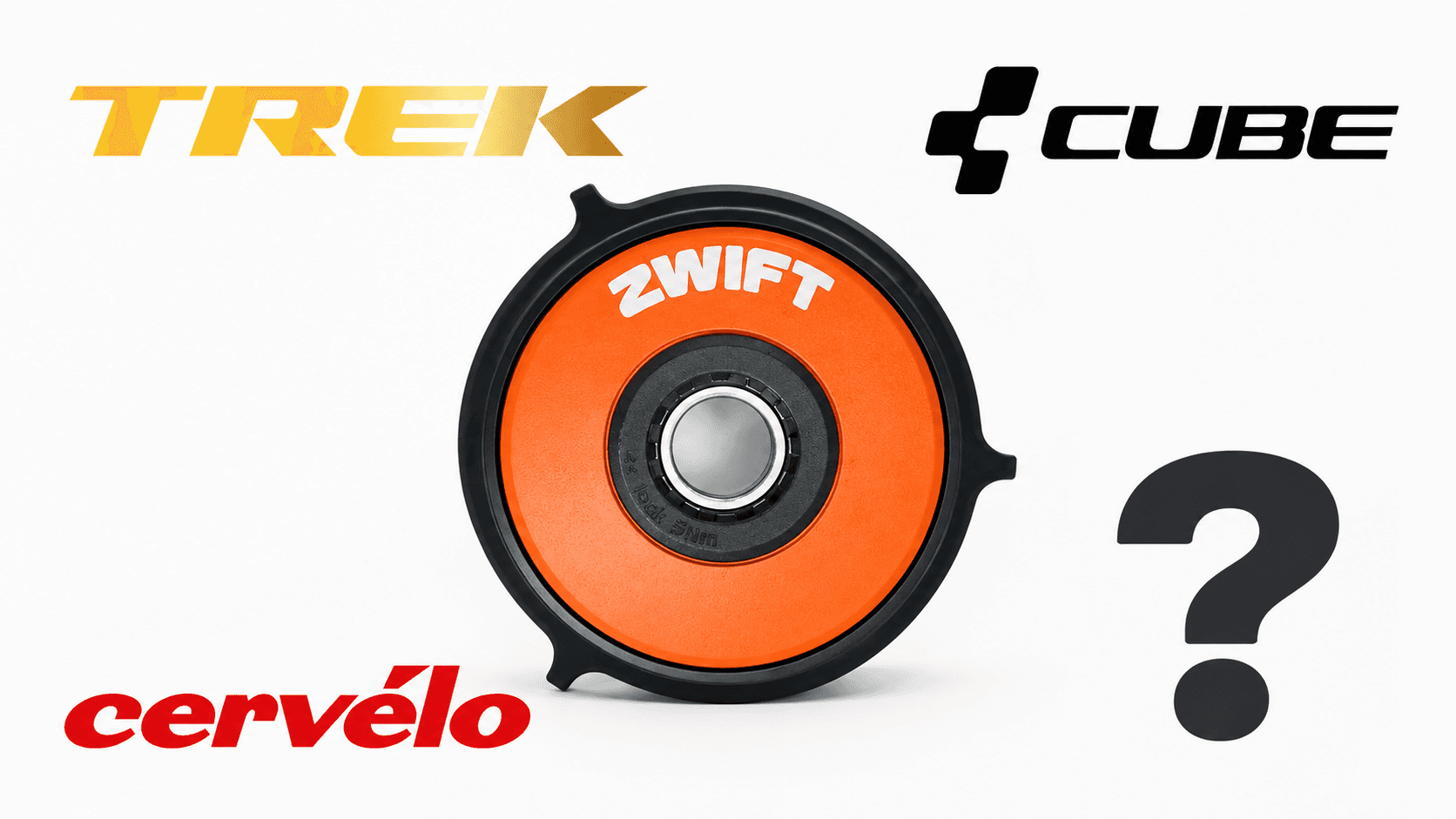 Zwift Cog surrounded by Trek, Cube and Cervélo logos with a question mark